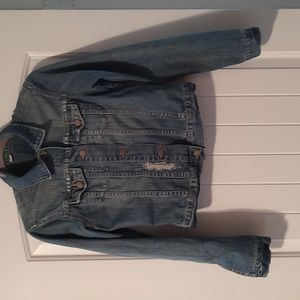 American Eagle Distressed Blue Jean Jacket Beaded Details